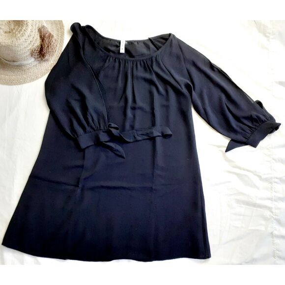 TYCHE Womens Relax Fit Crepe Lined Solid Black Open TieSleeves Shift Mini Dress - Picture 2 of 11